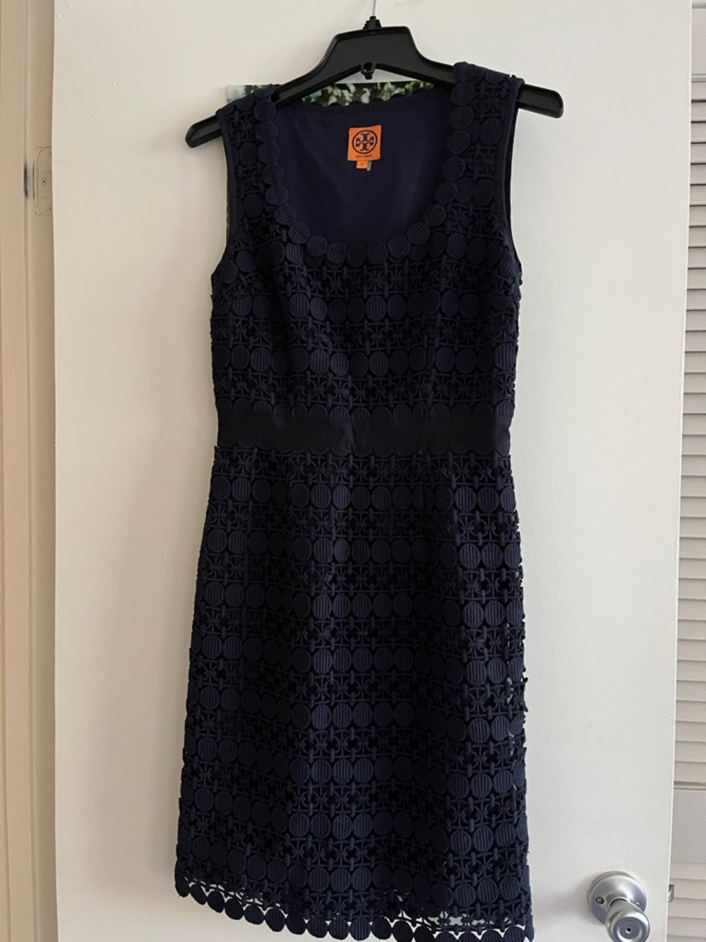 Tory Burch Navy Sleeveless Lace Midi Dress
